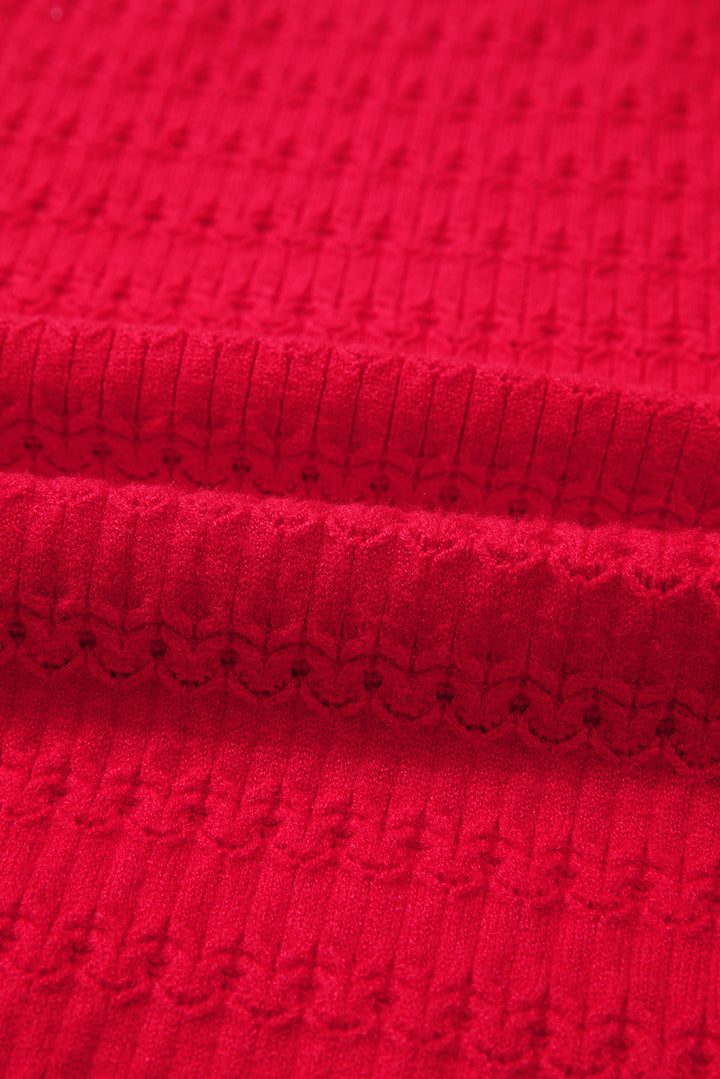 Fiery Red Trendy Pattern Knit Ribbed Cuffs Crew Neck Sweater