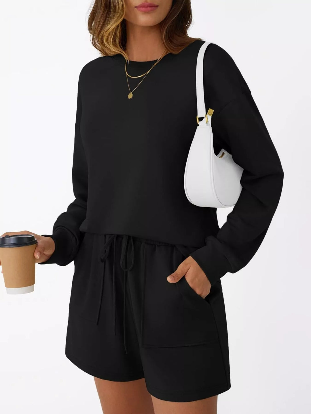 Round Neck Long Sleeve Top and Shorts Set