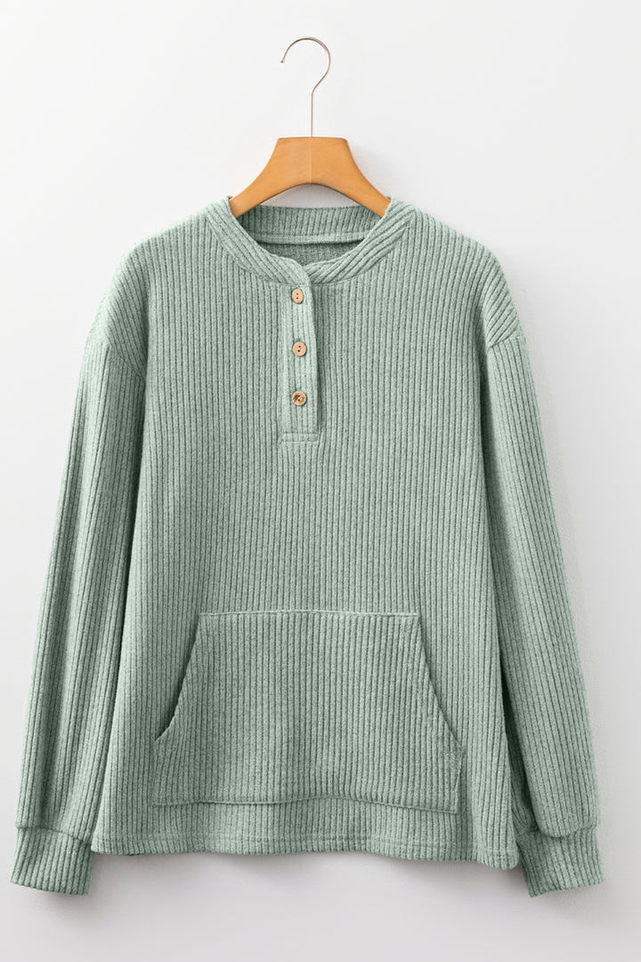Clearly Aqua Ribbed Texture Drop Shoulder Henley Knit Top