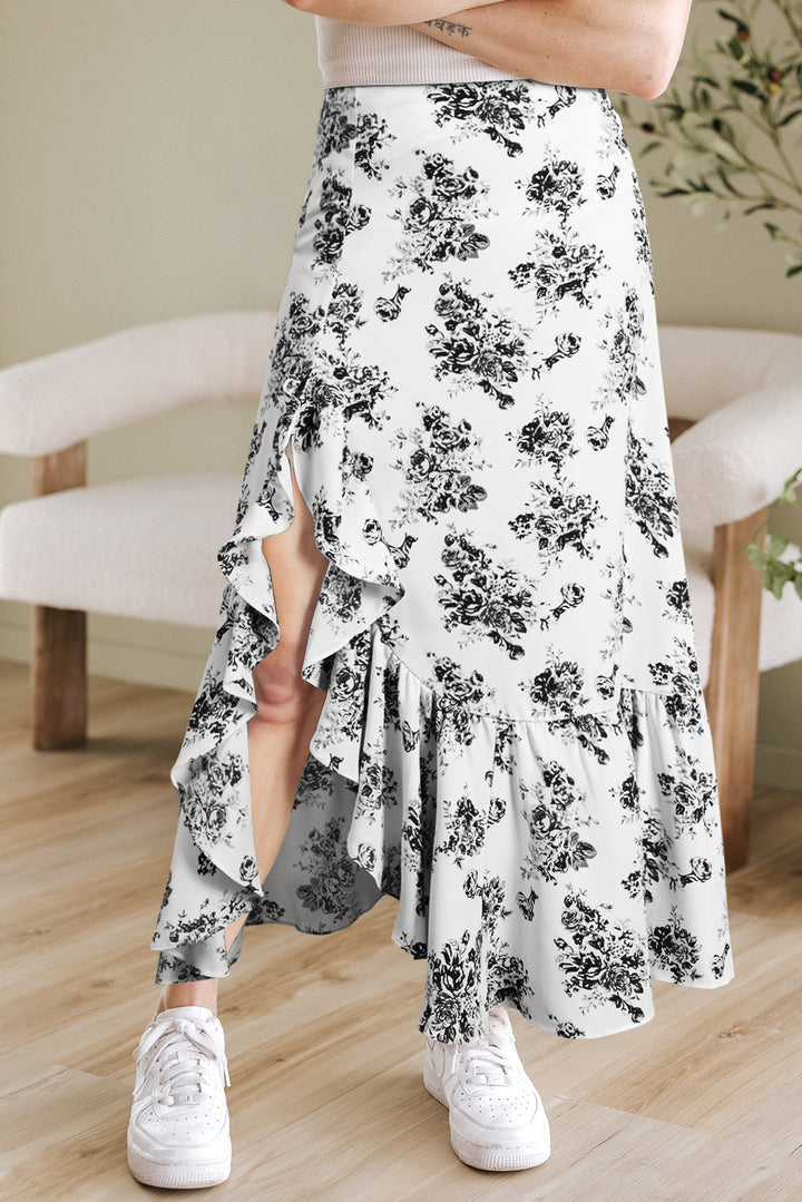 Jupe longue fendue à volants taille haute à fleurs style bohème noir