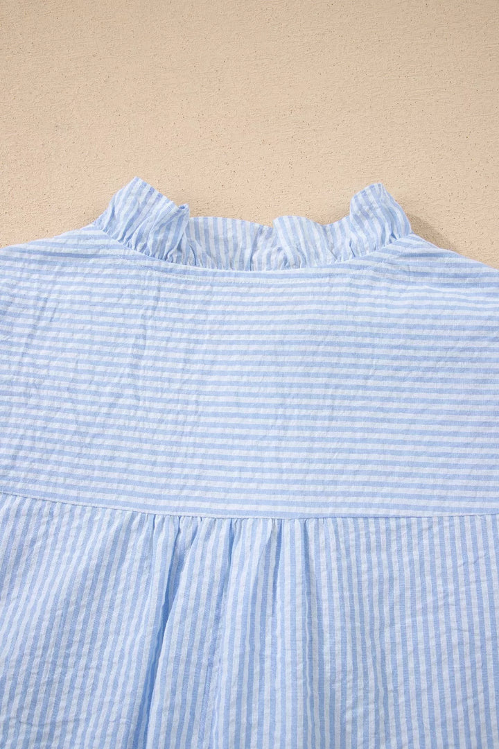 Stripe Floral Embroidered Puff Sleeve Ruffle Trim Shirt