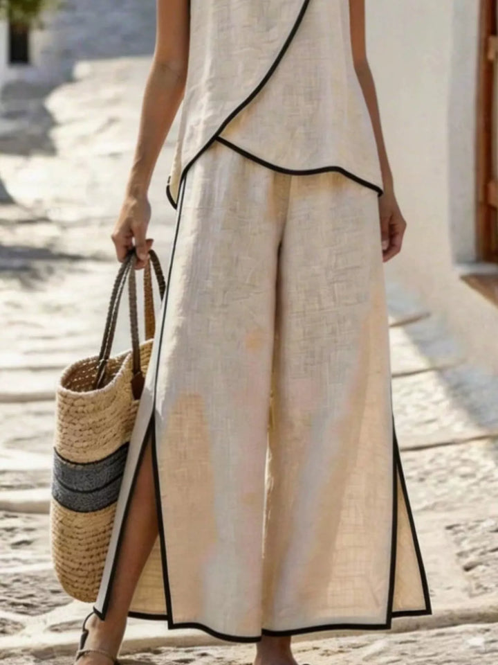 Contrast Trim Top and Slit Pants Set