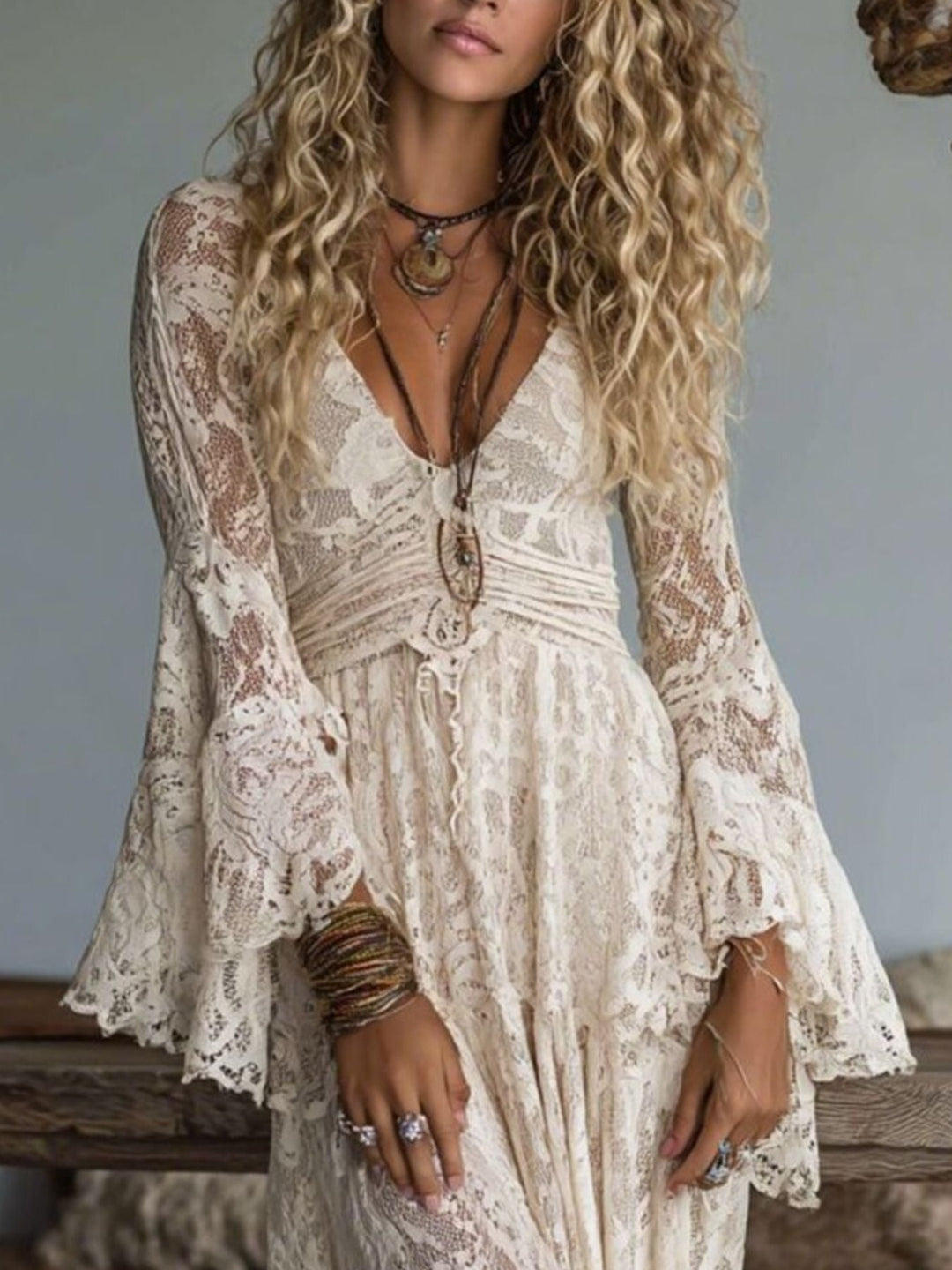 Lace Deep V-Neck Maxi Dress