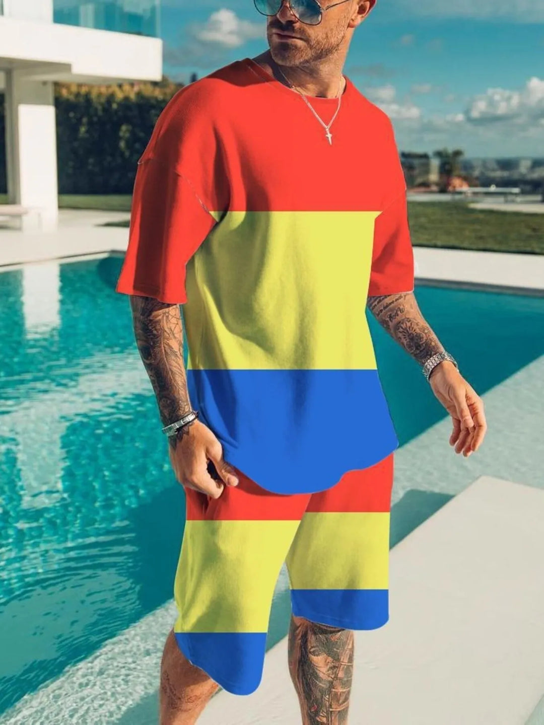 Men's Full Size Color Block Tee and Shorts Set Plus Size