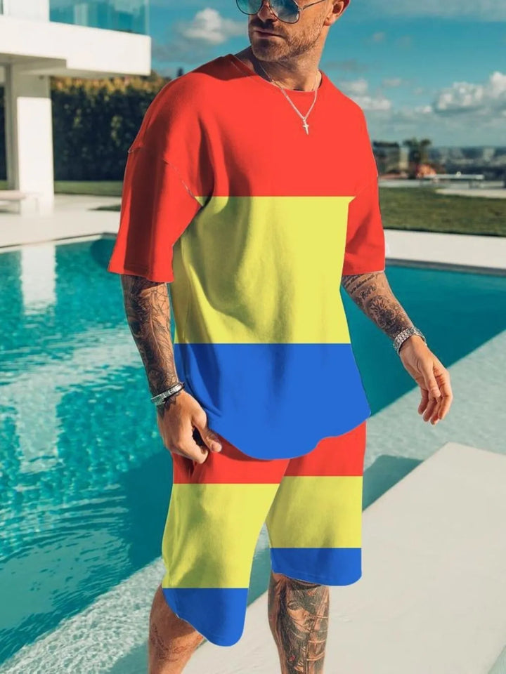 Men's Full Size Color Block Tee and Shorts Set Plus Size