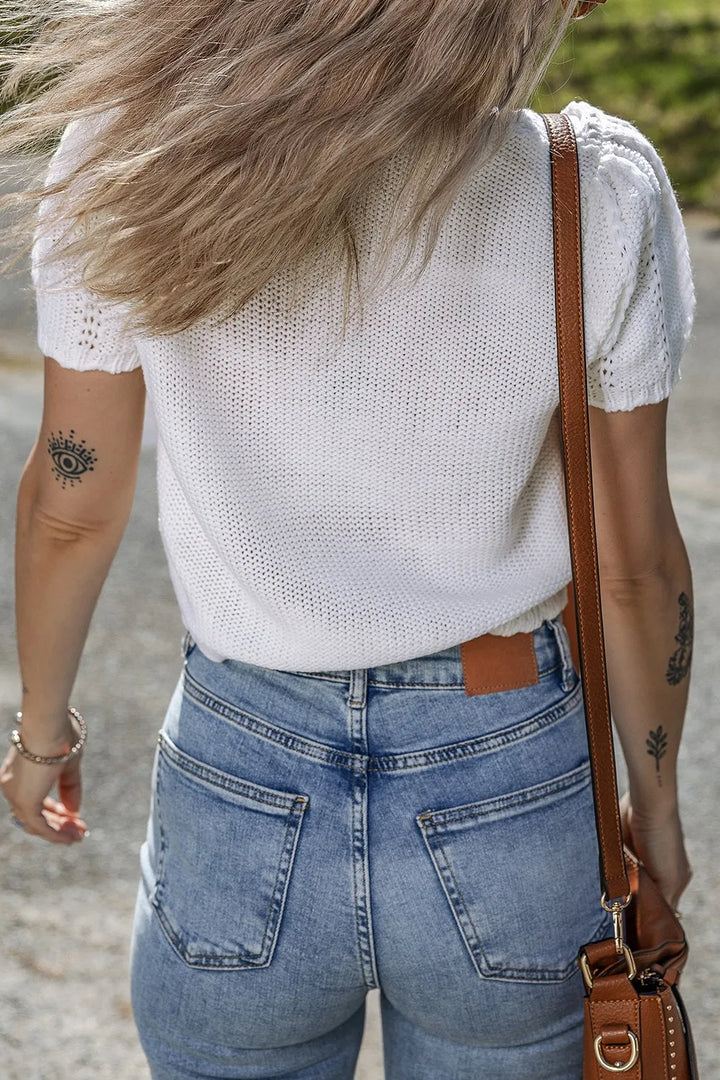 Openwork Round Neck Short Sleeve Knit Top