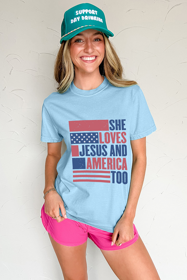 Light Blue SHE LOVES JESUS AND AMERICA TOO Heat Transfer Printing Patriotic T Shirt