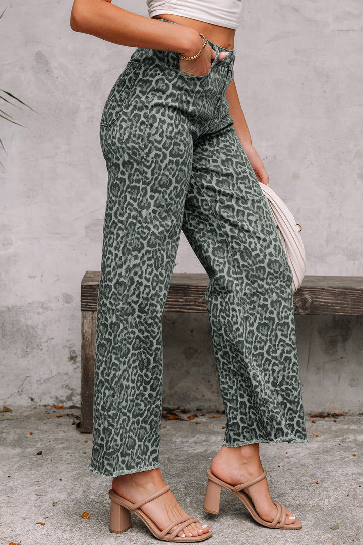 Gray Leopard Frayed Edge Wide Leg High Waist Jeans