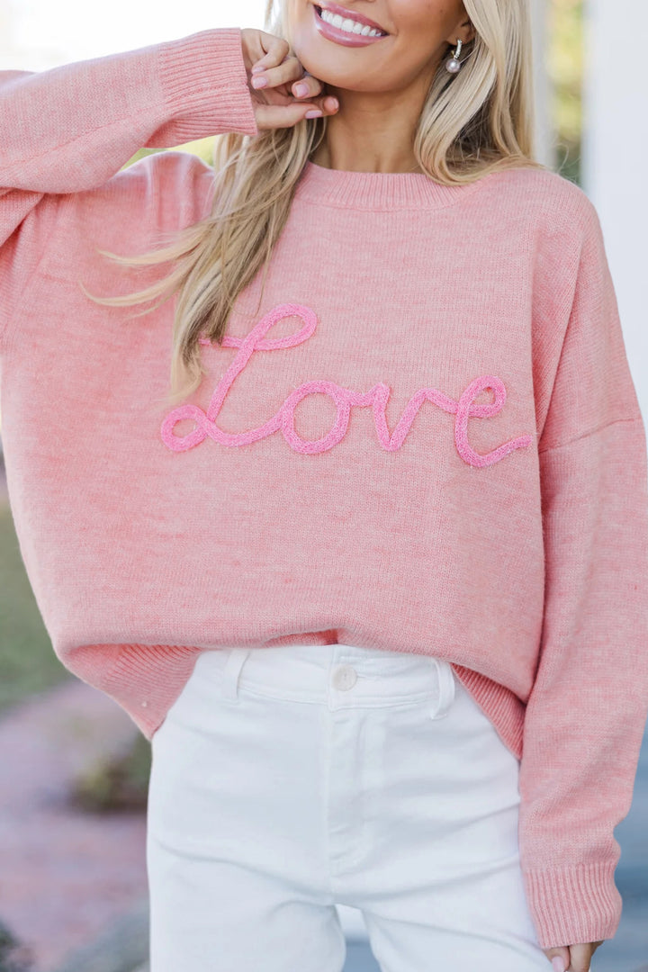 Pink Corded Love Script Graphic Baggy Sweater