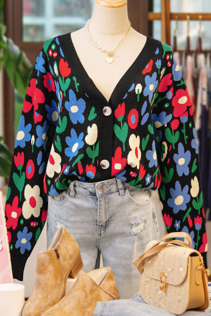 Black Floral Print V Neck Buttoned Short Cardigan Sweater