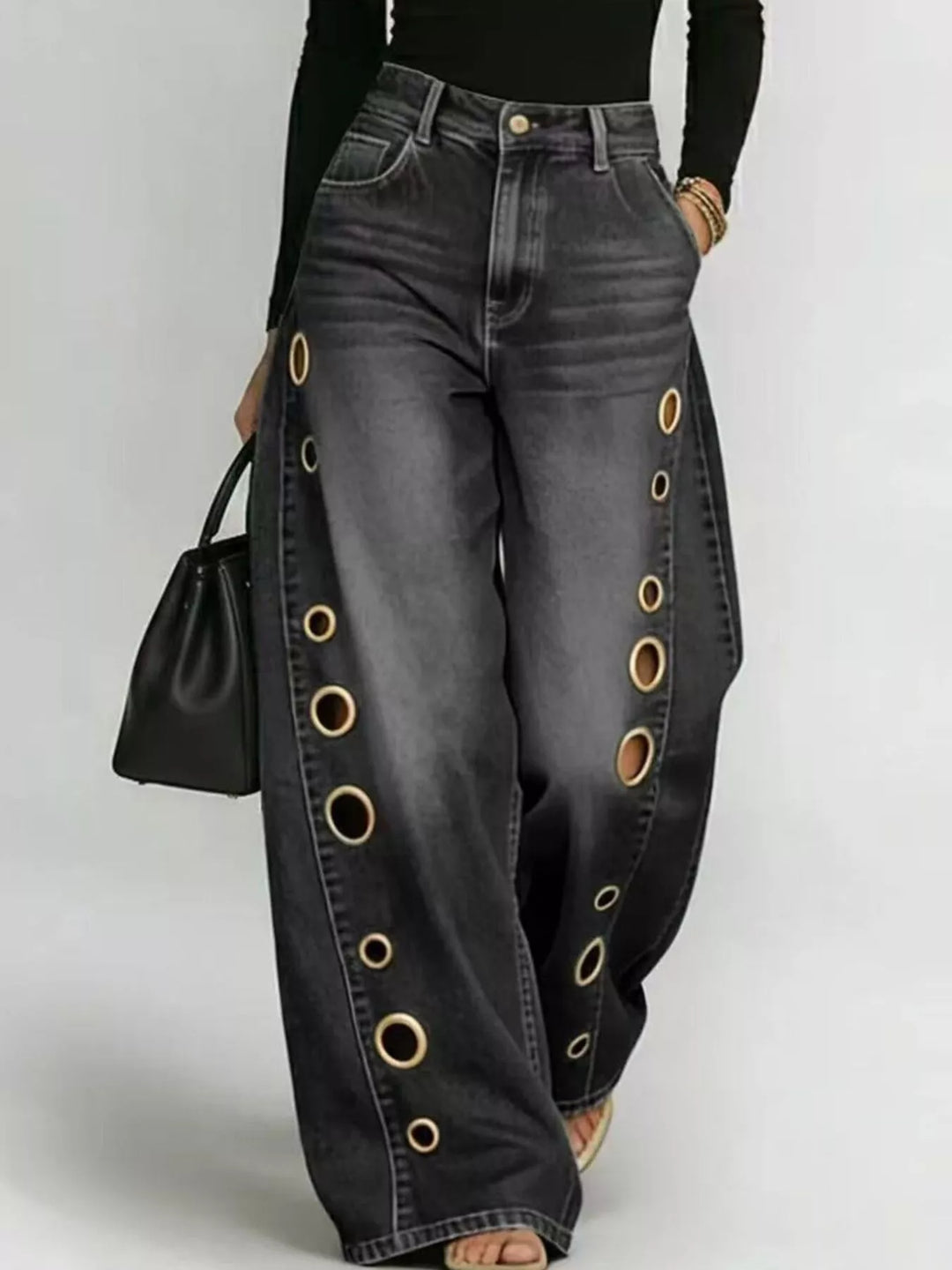 Wide Leg Jeans with Eyelet Details