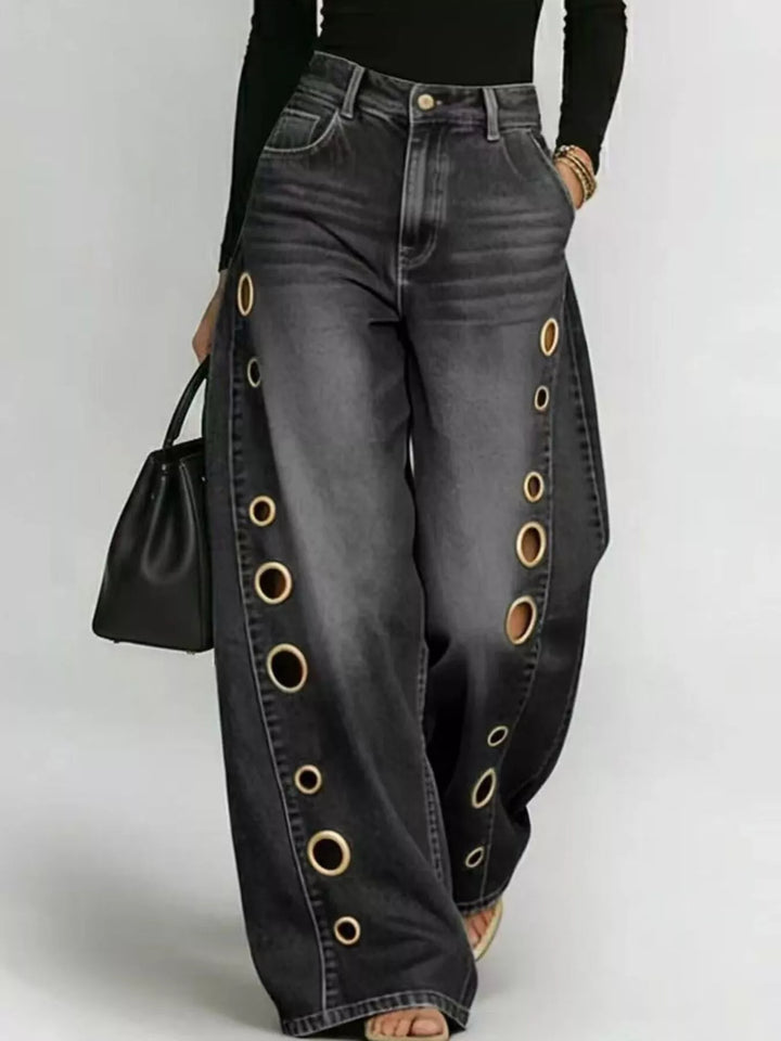 Wide Leg Jeans with Eyelet Details