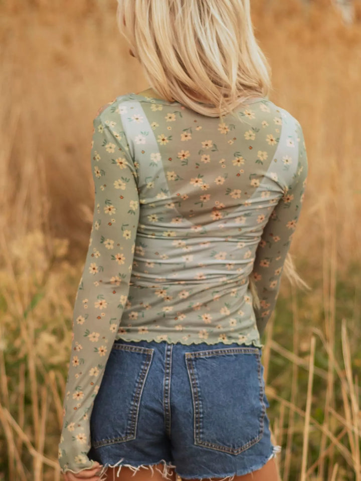 Floral Print Mesh Long Sleeve Top