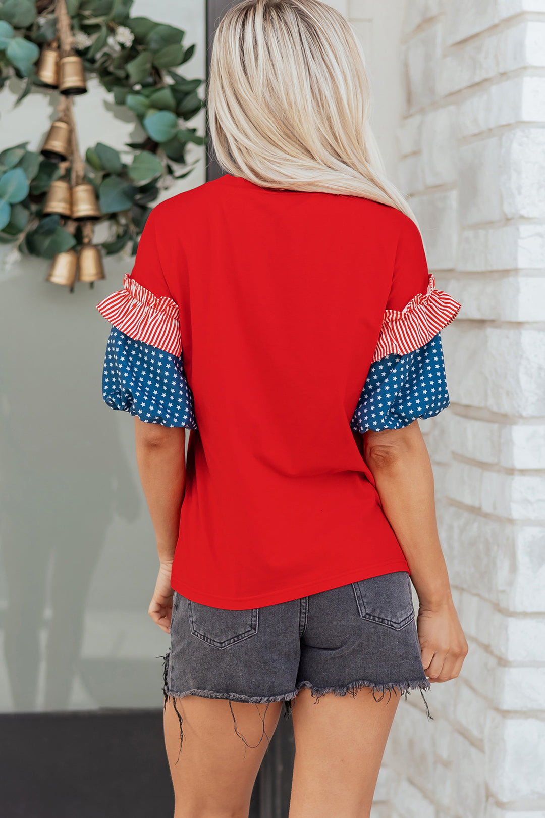 Fiery Red Patriotic Sequin Star Patched Stars and Stripes Contrast Sleeve Top