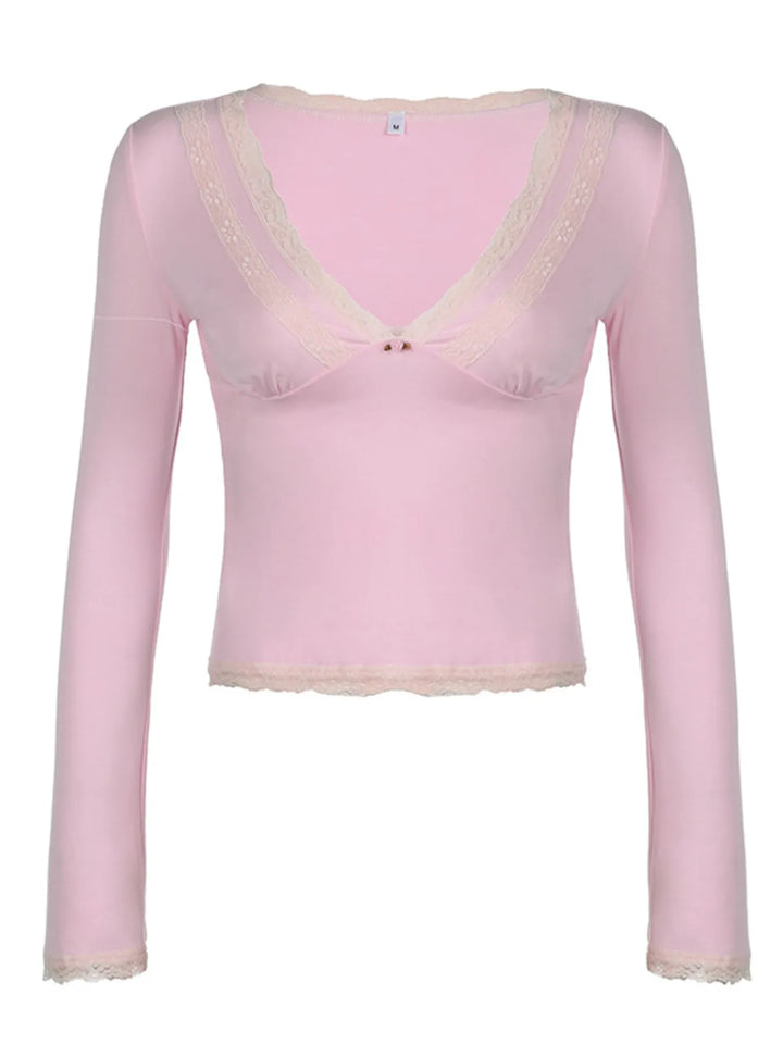 Lace Trim V-Neck Long Sleeve Top