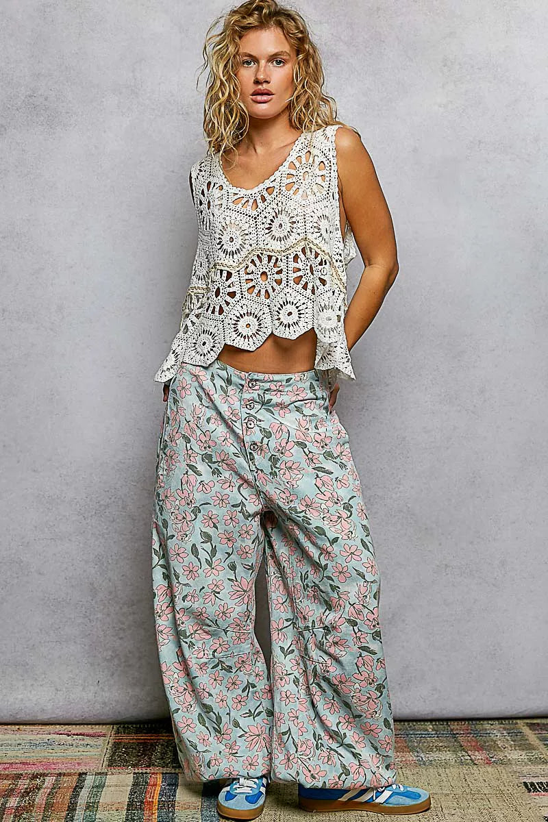 POL Boho Floral Crochet Sweater Vest with Scalloped Edge
