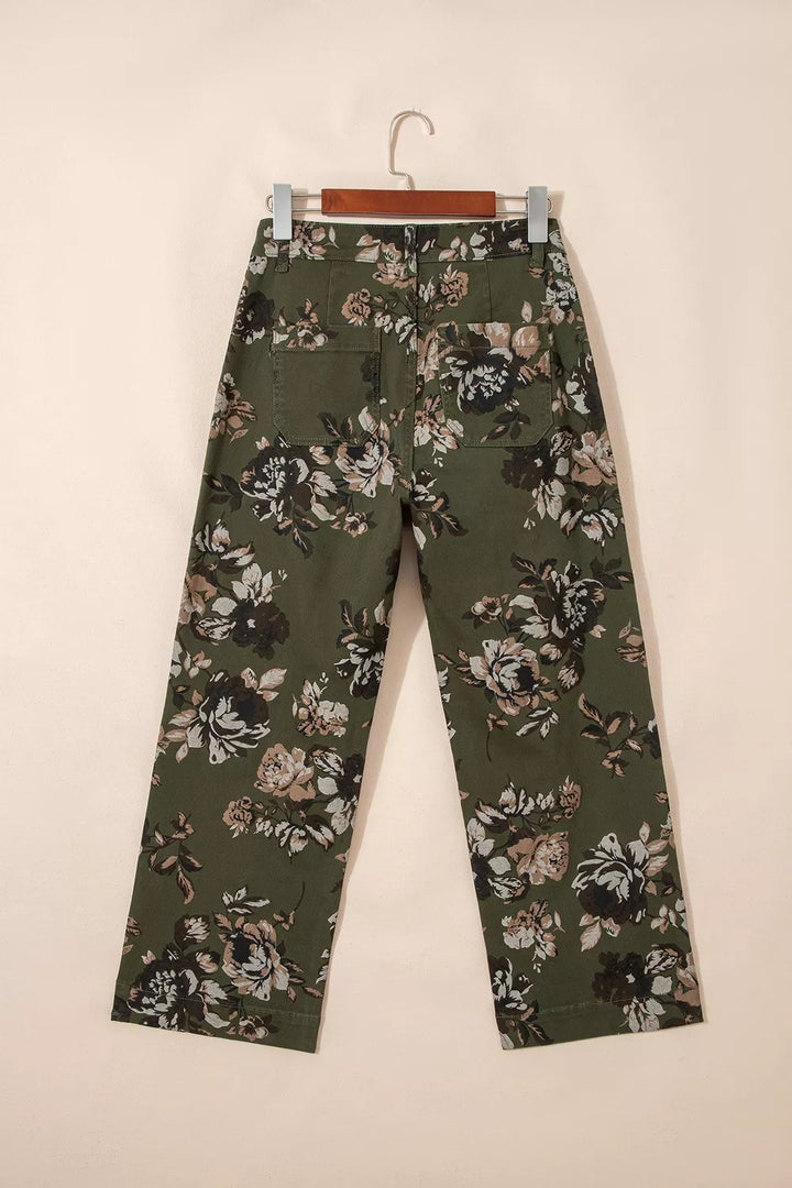 Vintage Style Floral Print High Waist Wide Leg Jeans