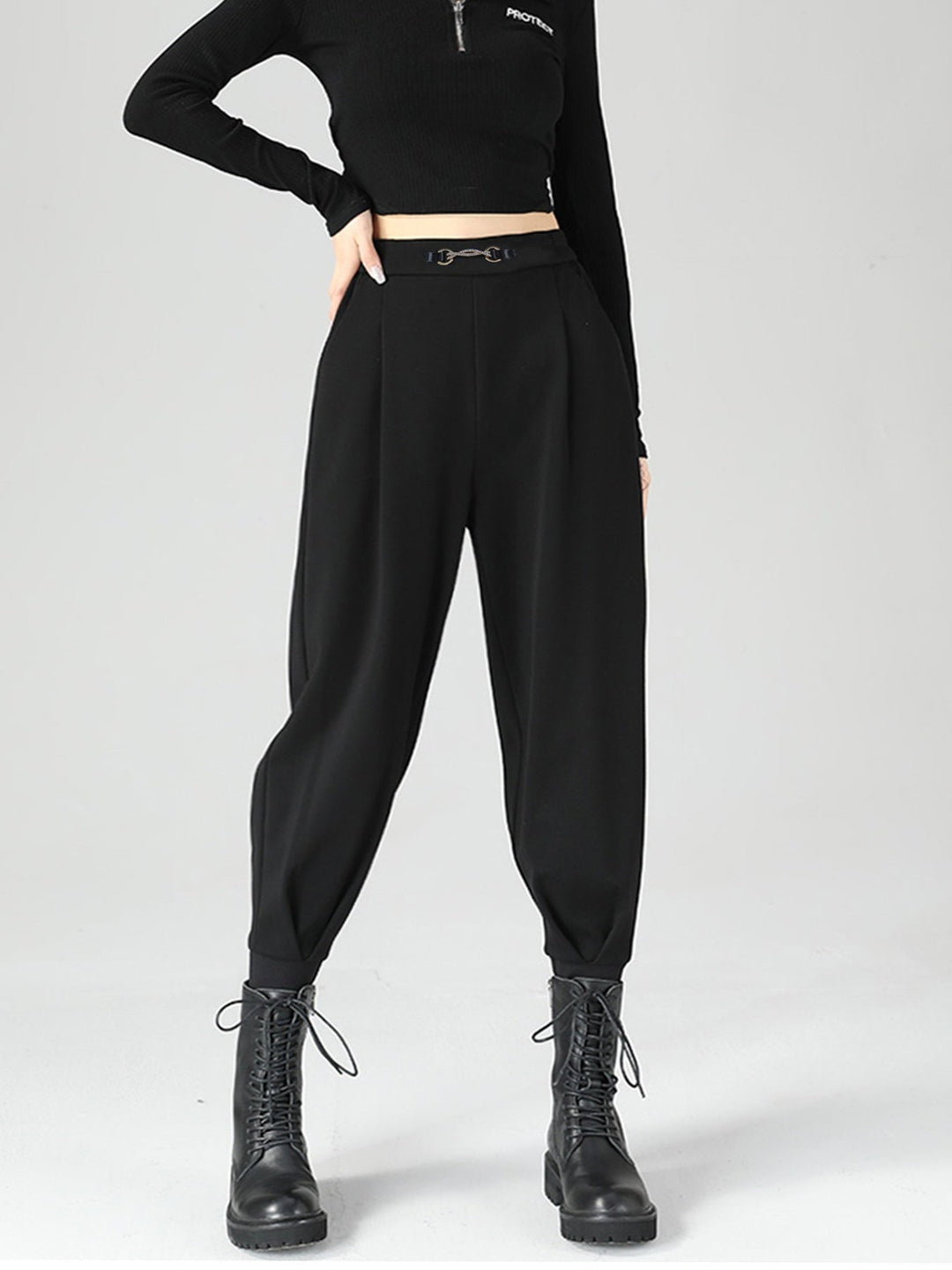 High-Waisted Buckle Detail Tapered Pants