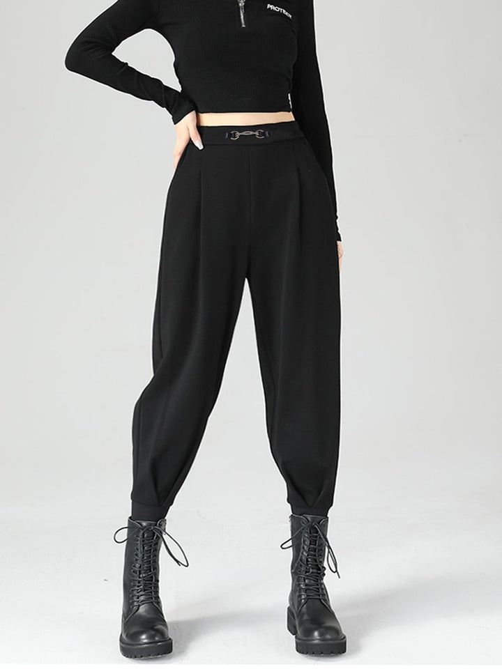 High-Waisted Buckle Detail Tapered Pants