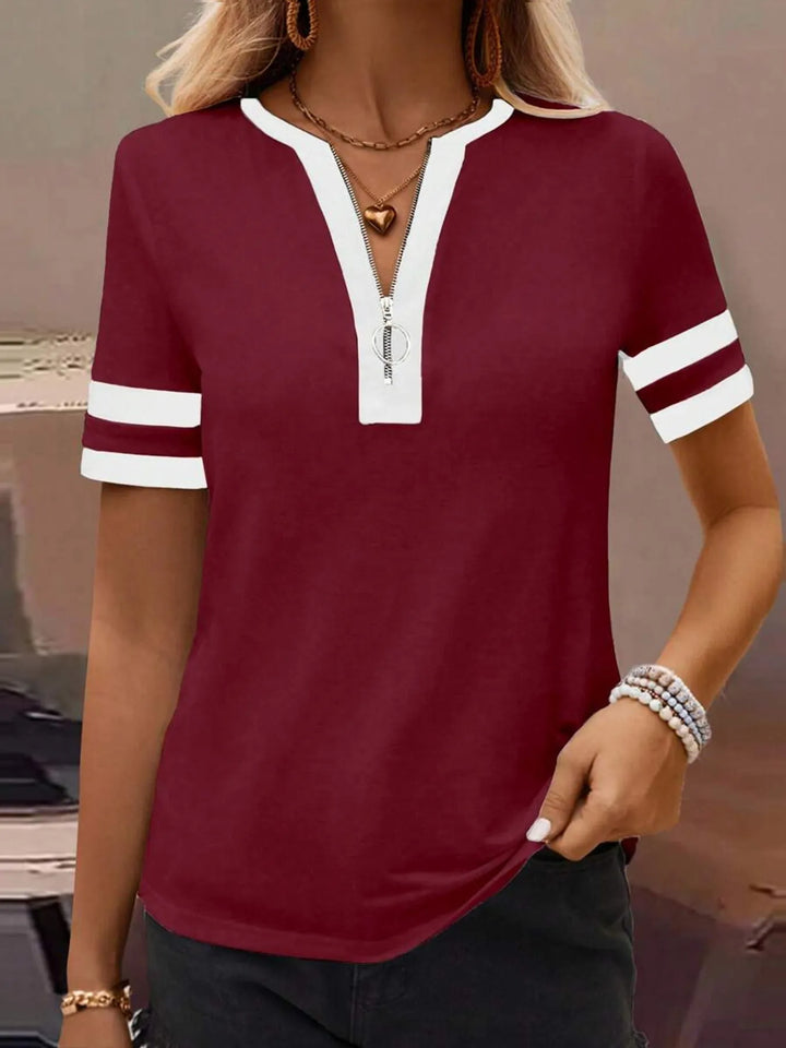 Striped Short Sleeve Half Zip Top