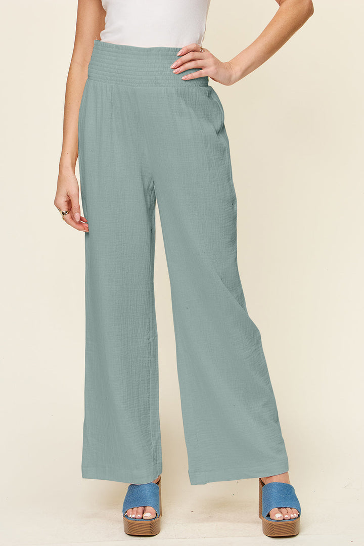 Textured Smocked Waist Wide Leg Pants