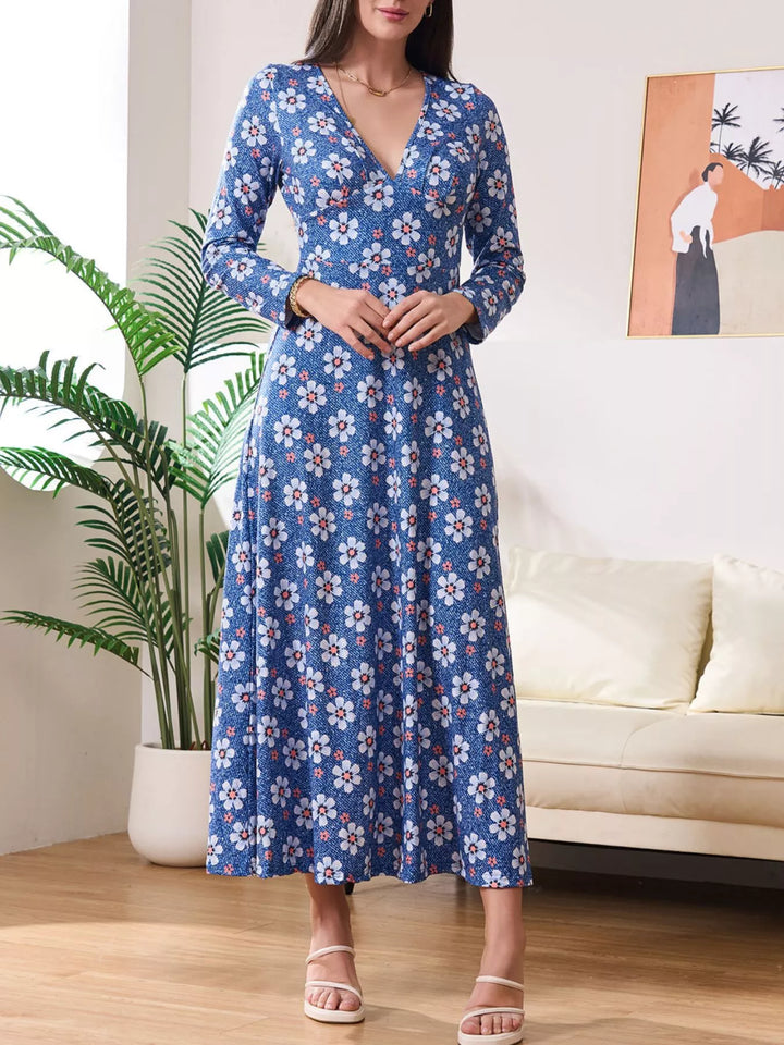 Floral Print V-Neck Long Sleeve Midi Dress