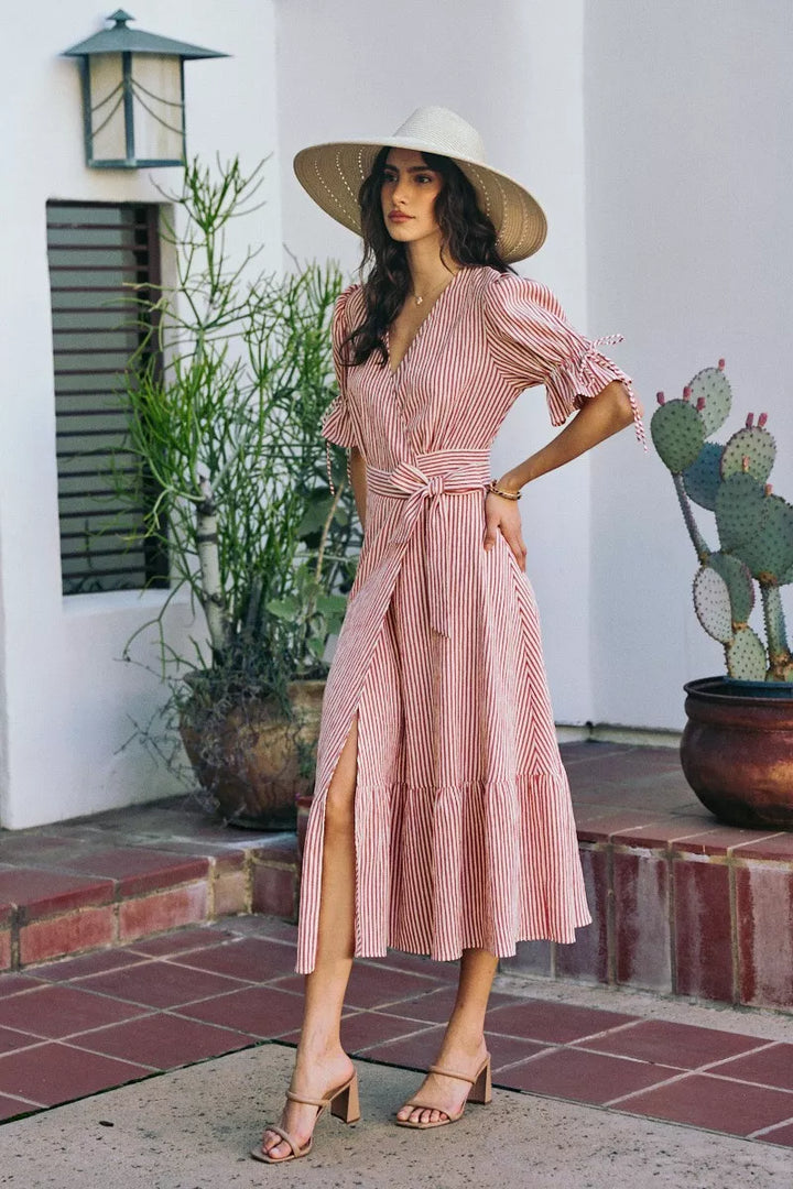 SO ME Stripe Textured Short Sleeves Lined Wrap Midi Dres