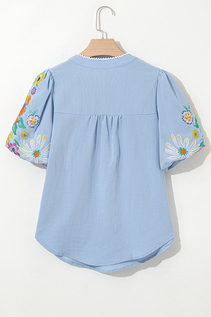 Beau Blue 花卉刺繡泡泡袖開衩襯衫
