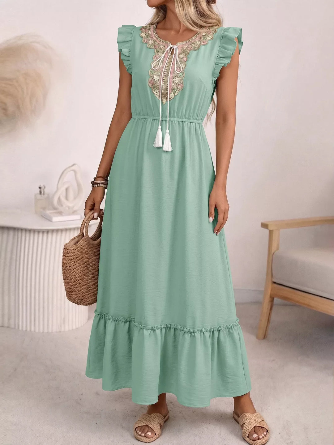 Tie Neck Ruffle Sleeve Maxi Dress