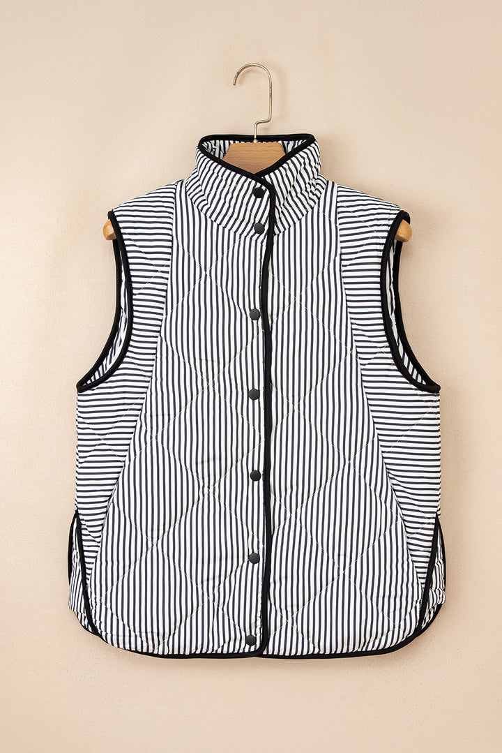 Black Stripe Contrast Trim Snap Button Collared Winter Vest