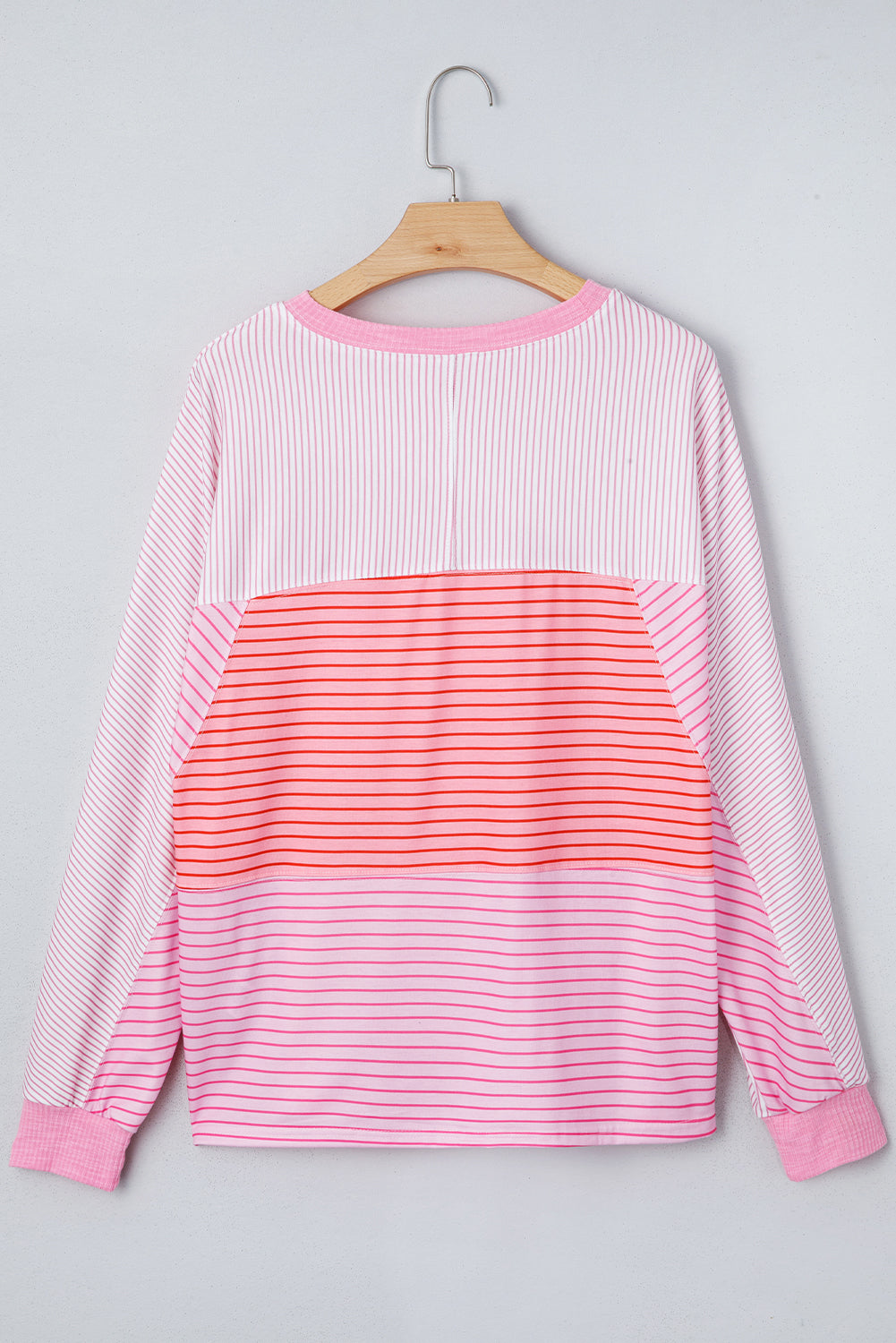 Sachet Pink Striped Colorblock Exposed Seam Casual Long Sleeve Top