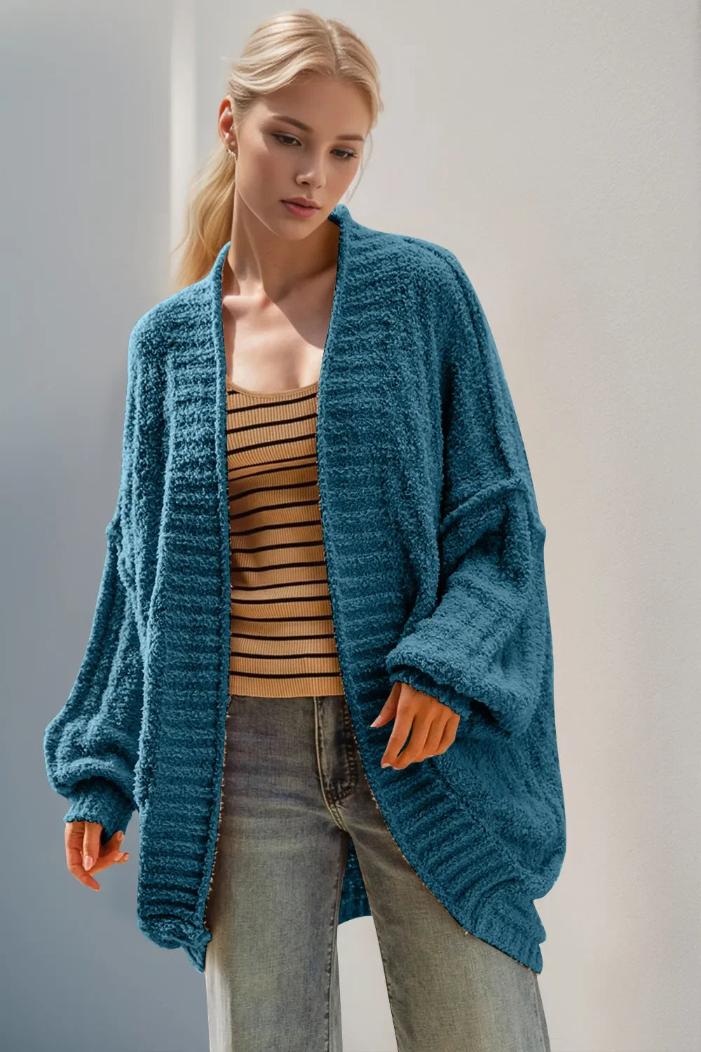 Double Take Full Size Open Front Long Sleeve Cardigan