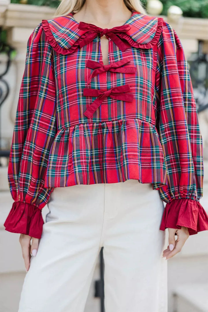 Plaid Tie Neck Ruffle Cuffs Long Sleeve Shift Blouse