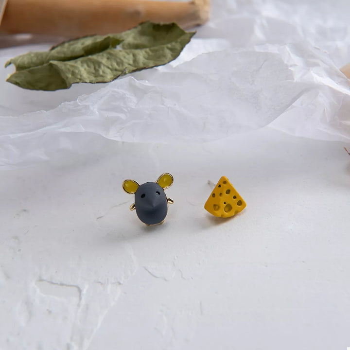 Asymmetrical Mouse & Cheese Stud Earrings