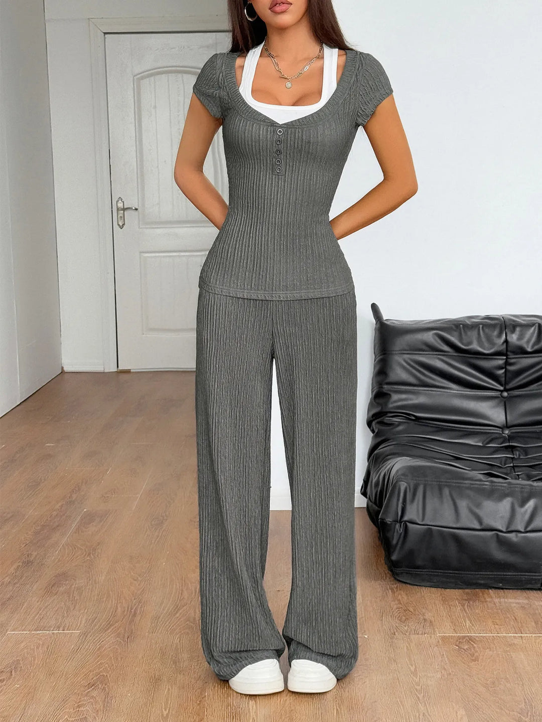Textured Short Sleeve Top and Pants Set