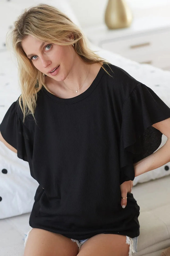 BiBi Thermal Knit with Ruffled Sleeve Top