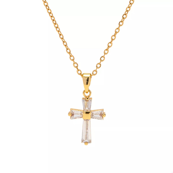 18K Gold-Plated Stainless Steel Zircon Cross Necklace