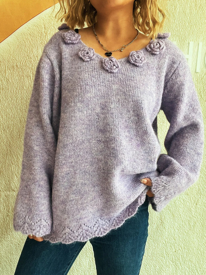 Flower V-Neck Long Sleeve Sweater