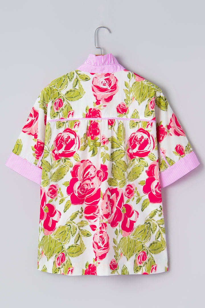 Pink Flower Print Striped Trim Frilled Collar Short Sleeve Shirt
