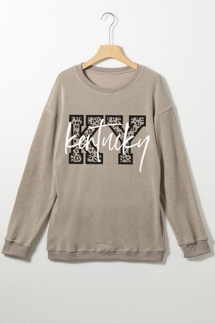 Khaki Kentucky KY Leopard Lettering Ribbed Baggy Sweatshirt