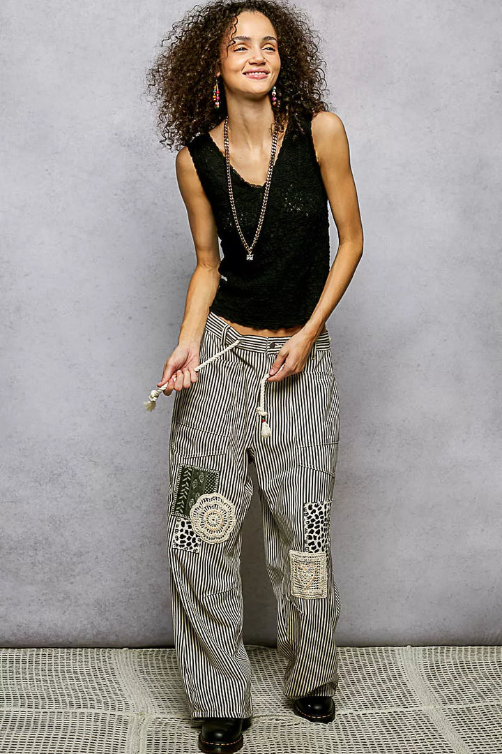 POL Textured Knit V-Neck Tank with Lace Trim