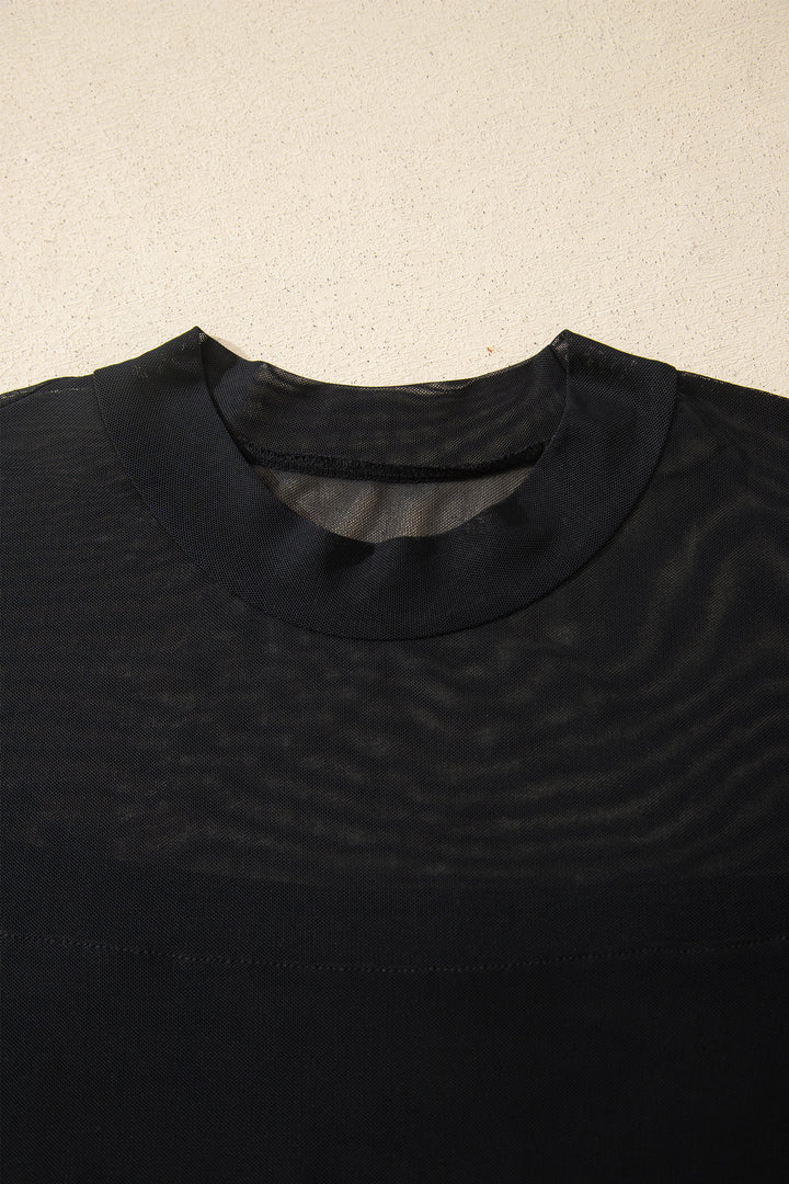 Black Plus Size Sheer Mesh Panel Short Sleeve Top