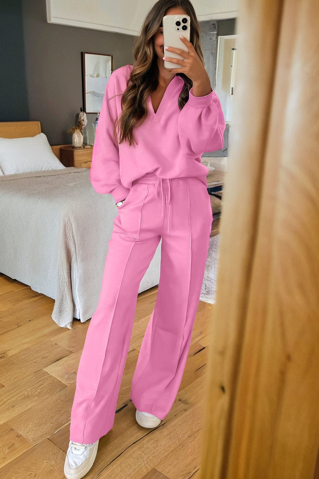 Bright Pink Polo Collar V Neck Pullover and Drawstring Sweatpants Set