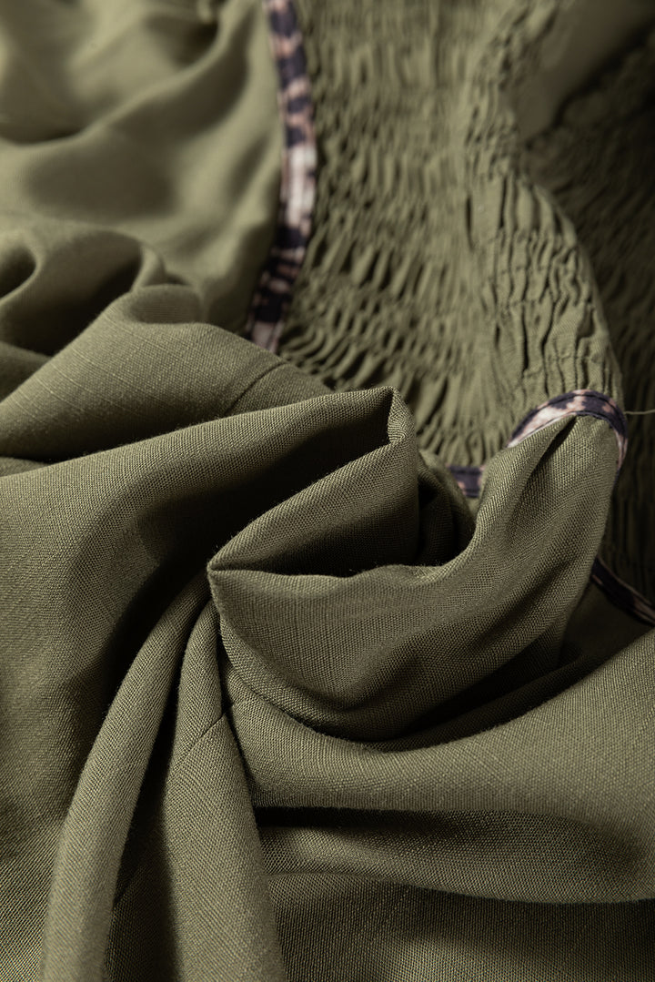 Four Leaf Clover Collared V Neck Smocked Detail Contrast Leopard Trim Bracelet Sleeve Long Dress