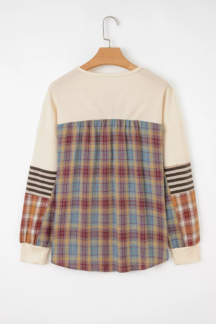 Waffle Knit Plaid Patchwork Long Sleeve Blouse