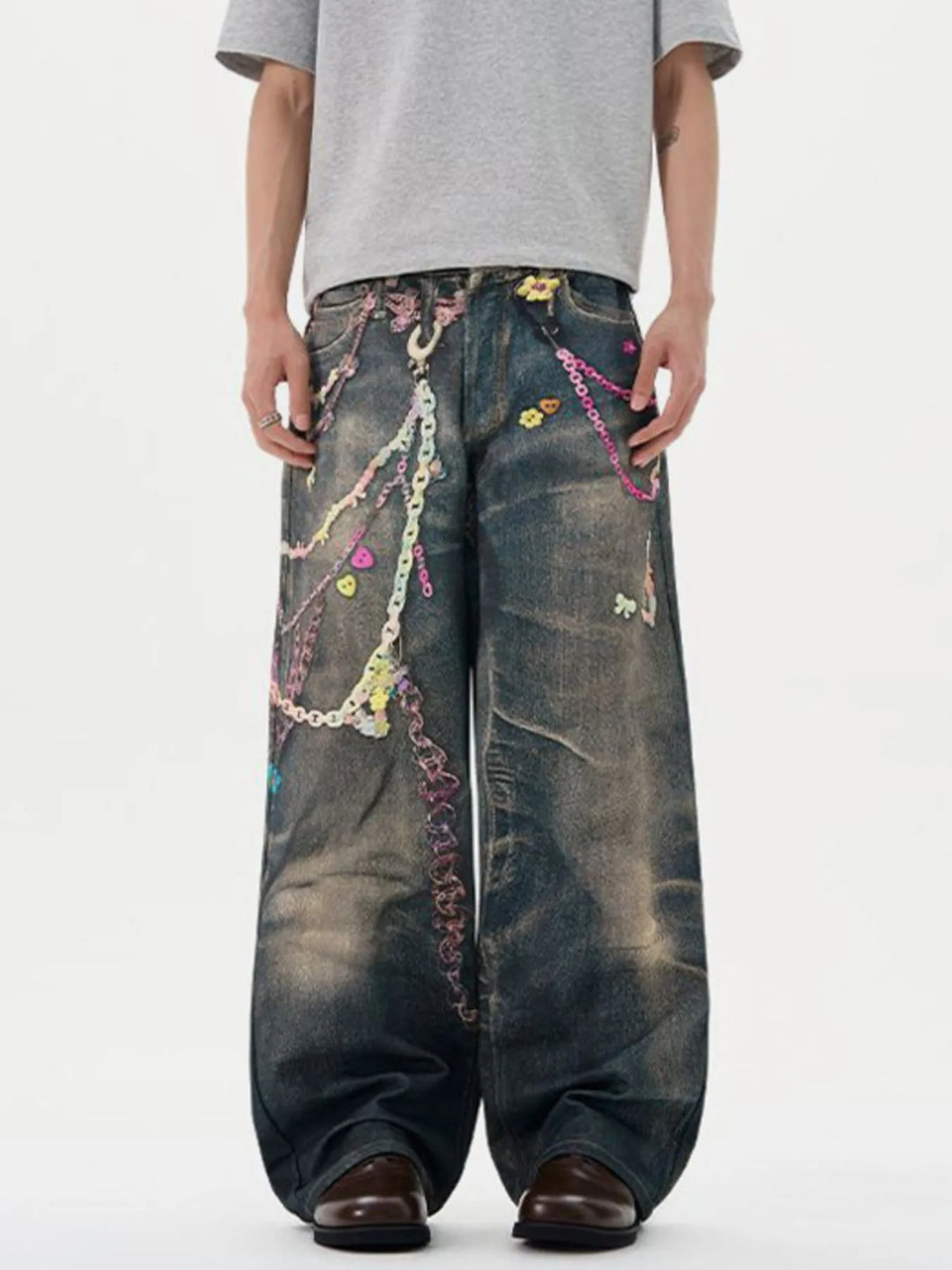 Men's Printed Washed Distressed Wide Leg Jeans
