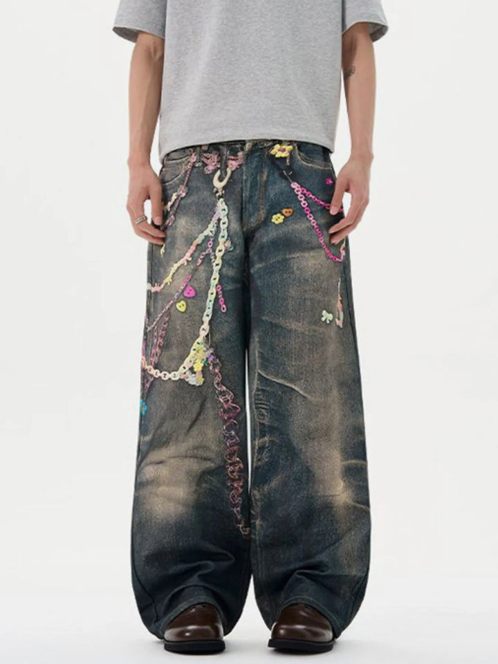 Men's Printed Washed Distressed Wide Leg Jeans