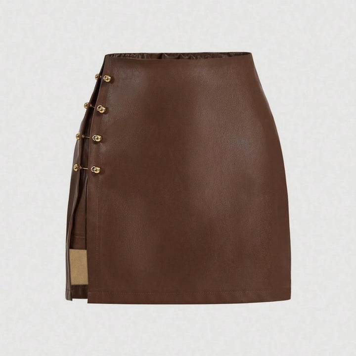 Womens Solid-Color Faux Leather Mini Skirt With Metal Buttons