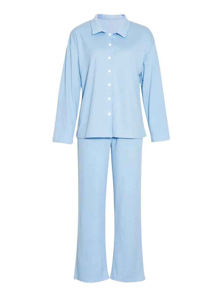 Collared Neck Long Sleeve Top and Drawstring Pants Set