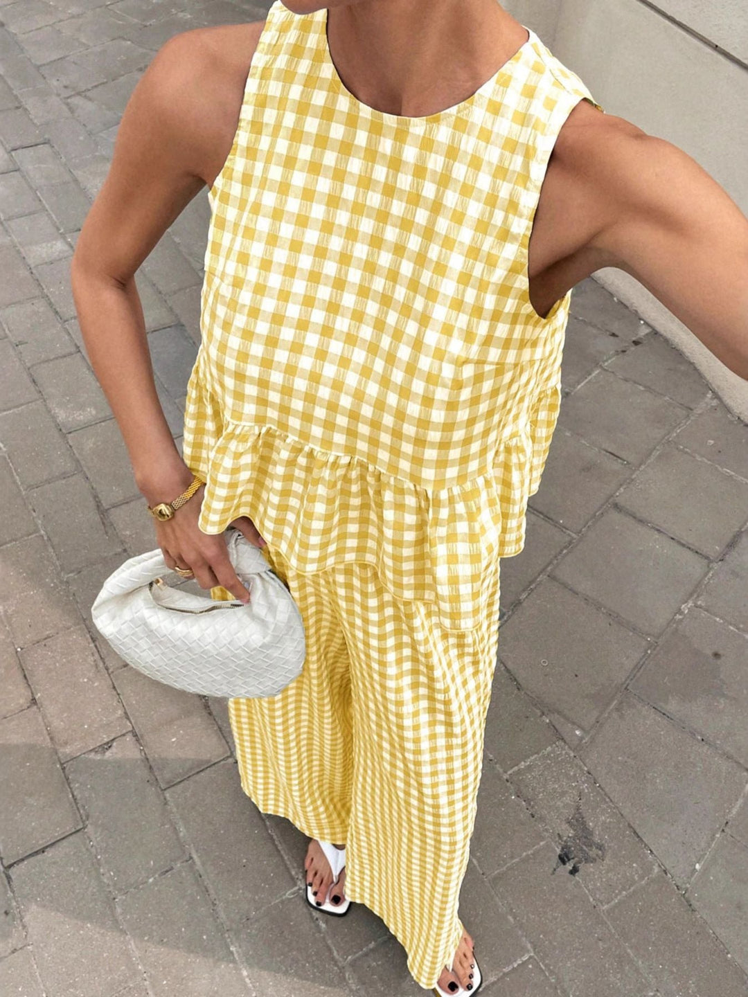 Gingham Sleeveless Top and Wide-Leg Pants Set
